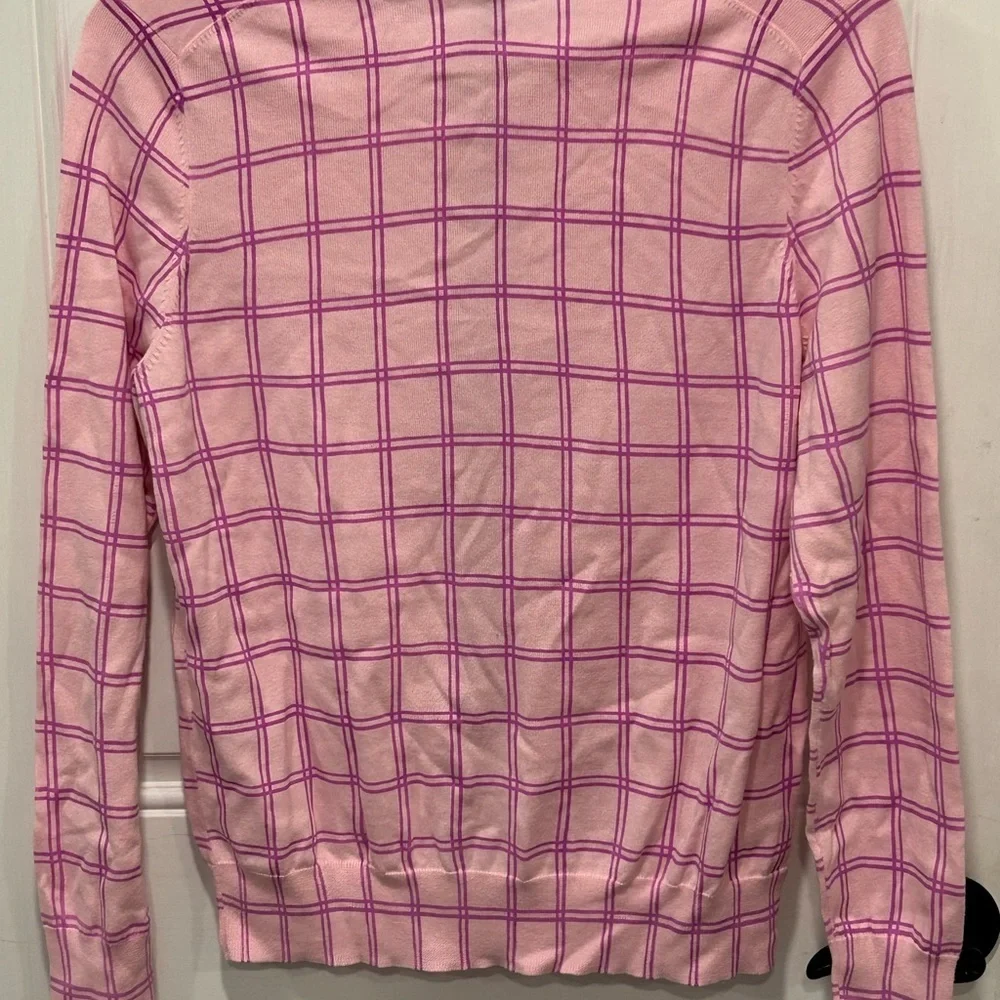 Lands' End Cardigan Sweater Lightweight Button Pink Window Pane Size L